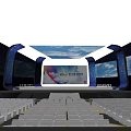Huawei Conference Stage with Large Screens Blue Sky White Clouds Background and Audience Seats