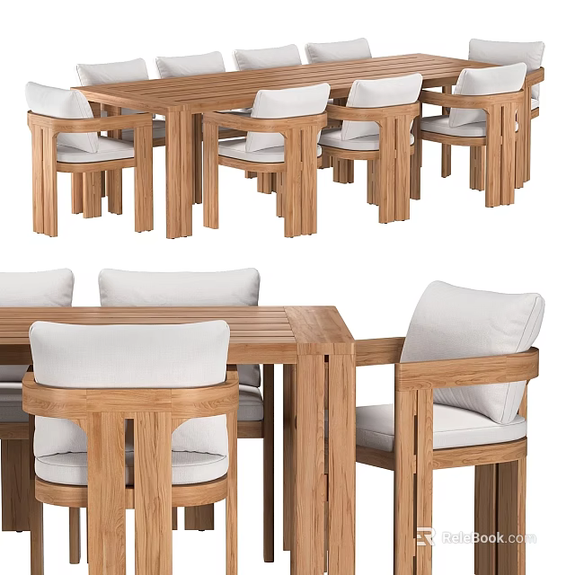 Durable Wooden Dining Table And Chairs Set With White Cushioned Seats 3d model