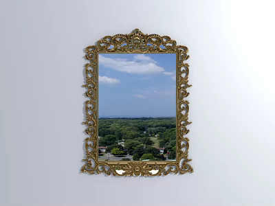 Ornate Golden Framed Mirror Reflecting Blue Sky White Clouds and Green Trees 3d model
