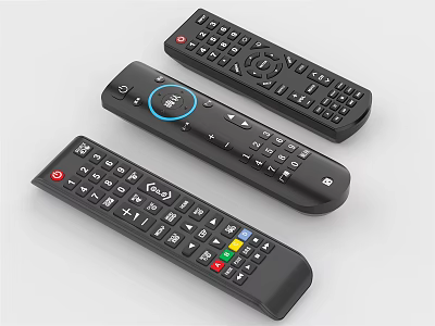 TV Remote Controls Featuring Three Different Designs With Functional Buttons And Modern Layout 3d model