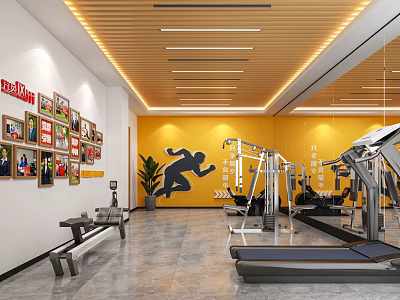 Modern Gym Interior With Yellow Wall Running Silhouette Posters Fitness Equipment And Mirrors 3d model