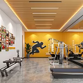 Modern Gym Interior With Yellow Wall Running Silhouette Posters Fitness Equipment And Mirrors