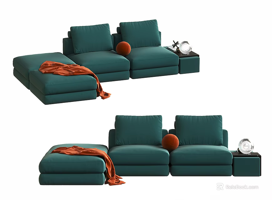 Teal L Shaped Sectional Sofa with Orange Blanket Decorative Ball and Side Table 3d model