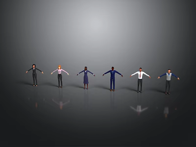 Multiple Men In Different Attires With Arms Outstretched On Gray Reflective Floor 3d model