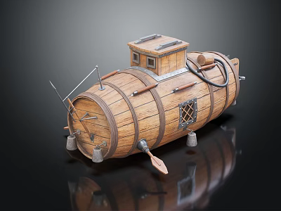 Vintage Wooden Barrel Warship Model With Small Cabin Windows Oar And Metal Parts 3d model