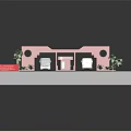 Bus Stop Structure With Red Building White Buses Palm Trees And Green Grass