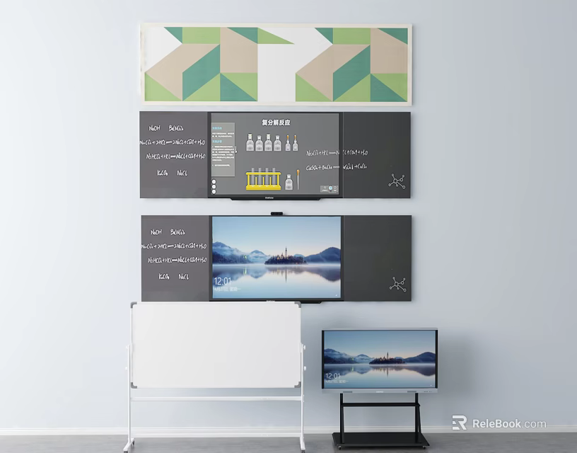 Geometric Pattern Wall Hangings Featuring Information Display Panels And Whiteboard Setup 3d model