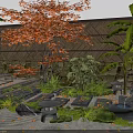 Japanese Garden Courtyard With Orange Maple Tree Bamboo Fence Stone Lanterns Moss And Gravel Paths