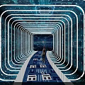 Futuristic Tech Tunnel With Circuit Board Pathway And Glowing Lines Person Walking