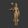 Golden Female Statue Holding Snake Object And Tray With Fin Decorations On Dark Background