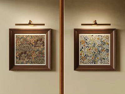 Two Framed Abstract Paintings With Brown Frames And Wall Sconces On Beige Wall 3d model