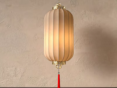 Traditional Beige Lantern With Pleated Design Golden Decorations And Red Tassel On Beige Wall Background 3d model