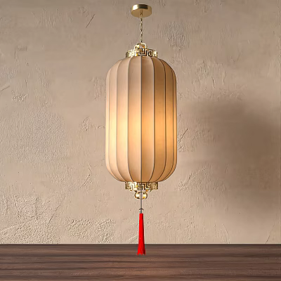 Traditional Beige Lantern With Pleated Design Golden Decorations And Red Tassel On Beige Wall Background 3d model
