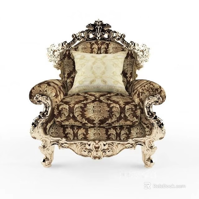 Classic Ornate Single Sofa With Floral Pattern Fabric Carved Frame And Decorative Pillow 3d model 