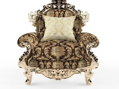 Classic Ornate Single Sofa With Floral Pattern Fabric Carved Frame And Decorative Pillow 3d model