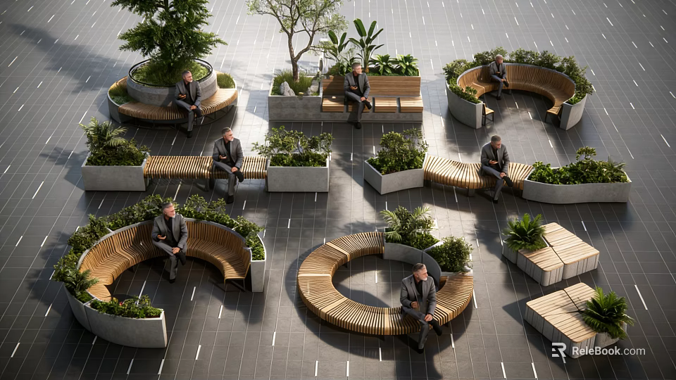Urban Park With Circular Wooden Tree Pits And Benches Where People Sit 3d model 