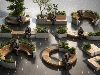 Urban Park With Circular Wooden Tree Pits And Benches Where People Sit 3d model