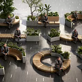 Urban Park With Circular Wooden Tree Pits And Benches Where People Sit