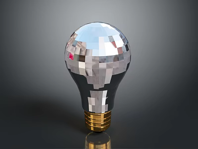 Pixelated Light Bulb With Reflective Surface And Golden Base Design 3d model
