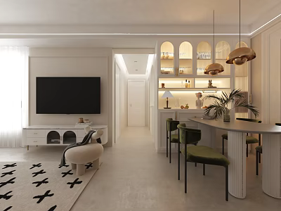 Modern Living and Dining Room Interior with TV Cabinet Dining Table and Pendant Lights 3d model