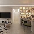 Modern Living and Dining Room Interior with TV Cabinet Dining Table and Pendant Lights
