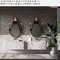 Modern Double Sink Vanity with Marble Countertop Teardrop Mirrors and Potted Plant