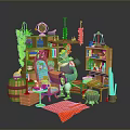 Cartoon Style Decorative Scene With Wooden Shelves Blue Rooster Figurine Accordion Books And Red Carpet