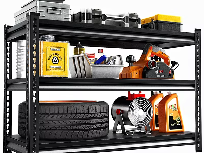 Garage Storage Shelf Organizing Tools Toolbox Tire Fan and Oil Cans 3d model