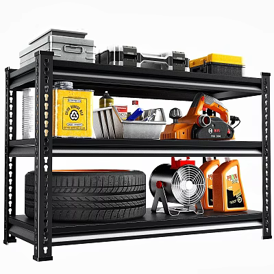 Garage Storage Shelf Organizing Tools Toolbox Tire Fan and Oil Cans 3d model