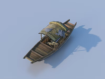 Traditional Wooden Boat With Canopy And Wooden Deck On Light Blue Background 3d model