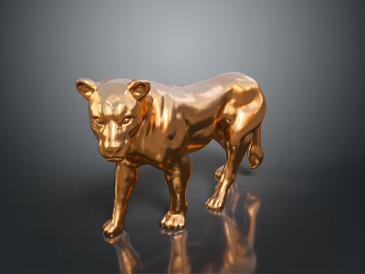 Shiny Golden Panther Sculpture With Reflective Surface On Dark Background 3d model
