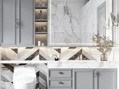 Modern Bathroom Vanity With Grey Cabinets Marble Wall Backlit Mirror And Geometric Tiles 3d model