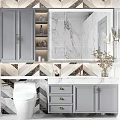 Modern Bathroom Vanity With Grey Cabinets Marble Wall Backlit Mirror And Geometric Tiles
