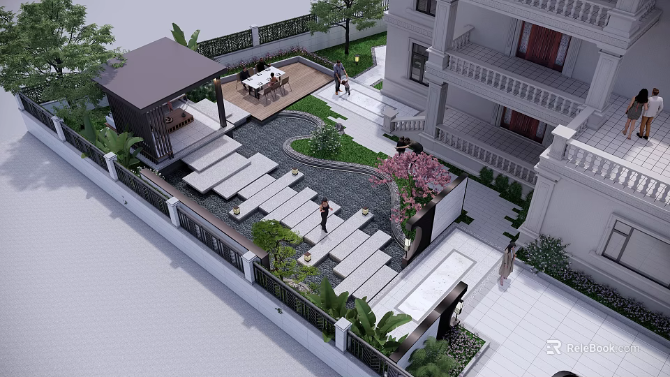 Beautiful Courtyard Garden Design With Gazebo Outdoor Seating Stone Pathway And Cherry Blossom Tree 3d model 