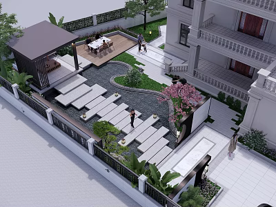 Beautiful Courtyard Garden Design With Gazebo Outdoor Seating Stone Pathway And Cherry Blossom Tree 3d model