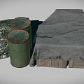 Wooden Crate Covered With Gray Cloth And Green Barrels With Tipped Barrel And Netting
