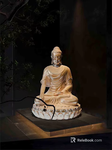 Elegant Buddhist Shrine Cabinet Display With Serene Buddha Statue On Lotus Pedestal 3d model 