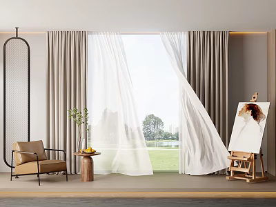 Layered Gray And White Curtains Open In Indoor Room With Green Lawn View And Armchair 3d model