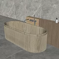 Modern Oval Bathtub with Ribbed Design and Wooden Cabinet White Bottles on Grey Marble Floor