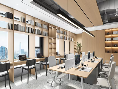 Modern Public Office Space With Desks Computers Bookshelves City View Windows And Green Plants 3d model