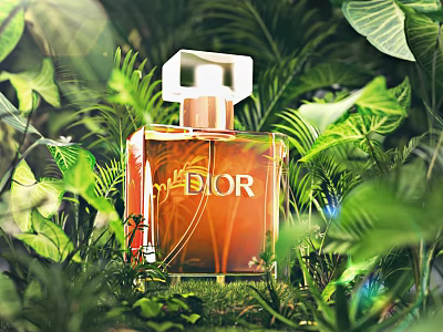 Dior Perfume in Lush Green Tropical Plants with Elegant Bottle and Natural Sunlight 3d model