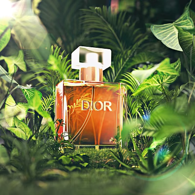 Dior Perfume in Lush Green Tropical Plants with Elegant Bottle and Natural Sunlight 3d model