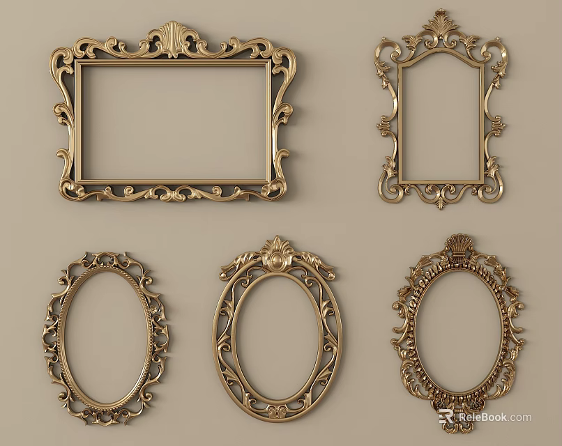 Ornate Gold Picture Frames With Intricate Carvings And Various Shapes 3d model 