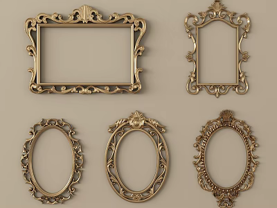 Ornate Gold Picture Frames With Intricate Carvings And Various Shapes 3d model