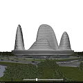 Modern Unique Curved Architectural Building Illuminated On Rainy Day With Trees And Road