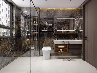 Elegant Modern Bathroom Interior Featuring Natural Marble Decor Glass Shower Enclosure And Premium Smart Fixtures 3d model