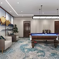 Billiard Room Interior With Blue Pool Table Sofa Potted Plants Cue Rack And Ceiling Lights