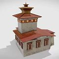 Traditional Architecture Model With Red Roof Gray Walls And Multi Level Tower Structure