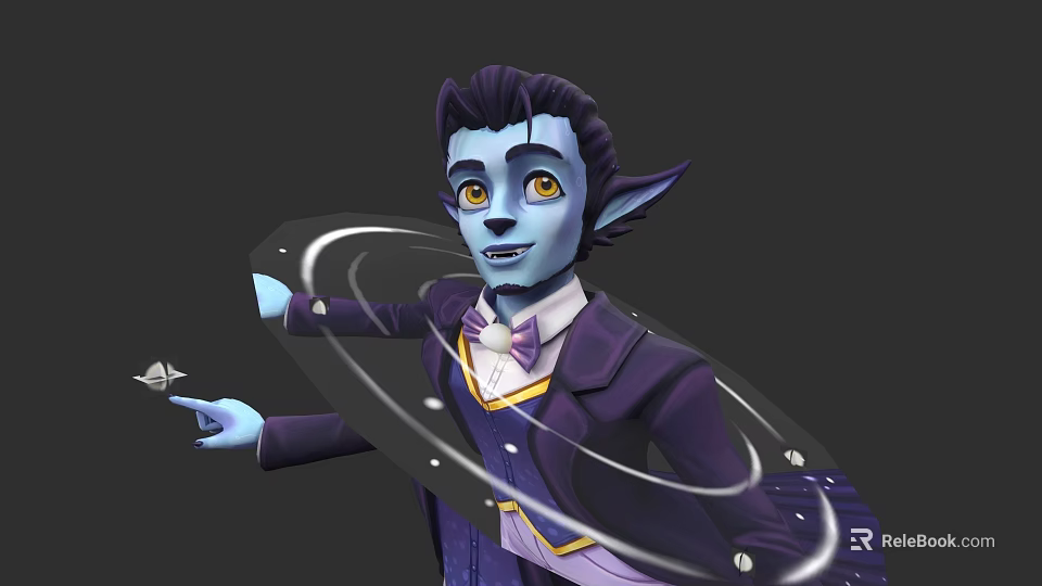 Blue Skinned Character With Pointed Ears Wearing Purple Coat Bow Tie Wielding Magical Rings 3d model 