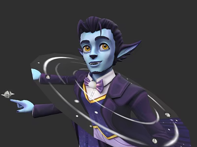 Blue Skinned Character With Pointed Ears Wearing Purple Coat Bow Tie Wielding Magical Rings 3d model